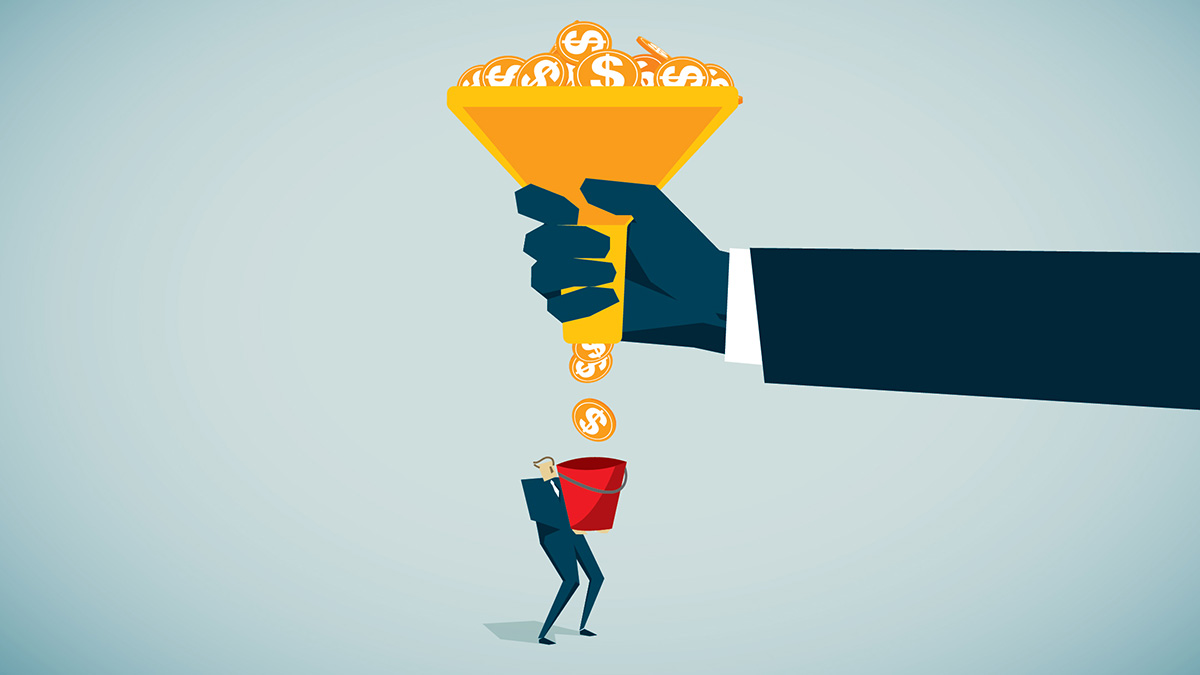 Illustration of a hand funneling money slowly into a bucket being held by a smaller person
