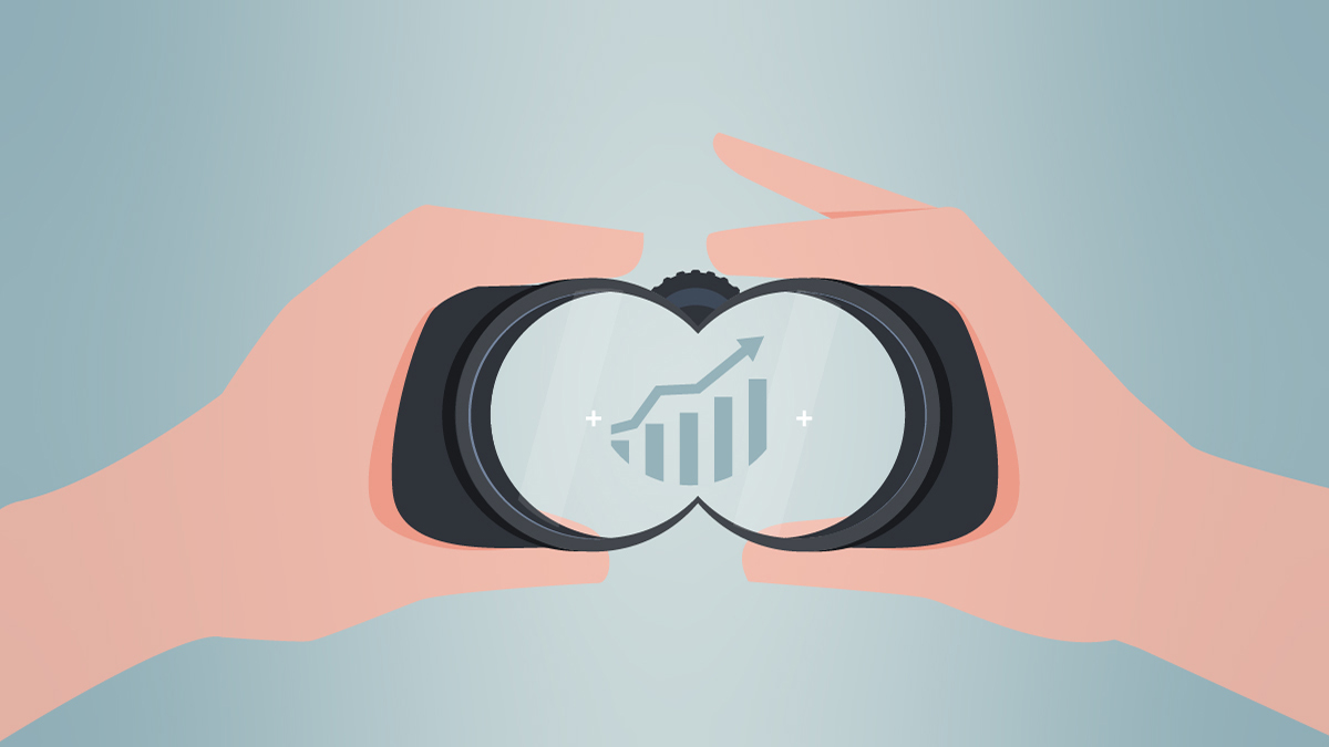 Bar graph and trajectory arrow visible through a pair of binoculars held by two hands