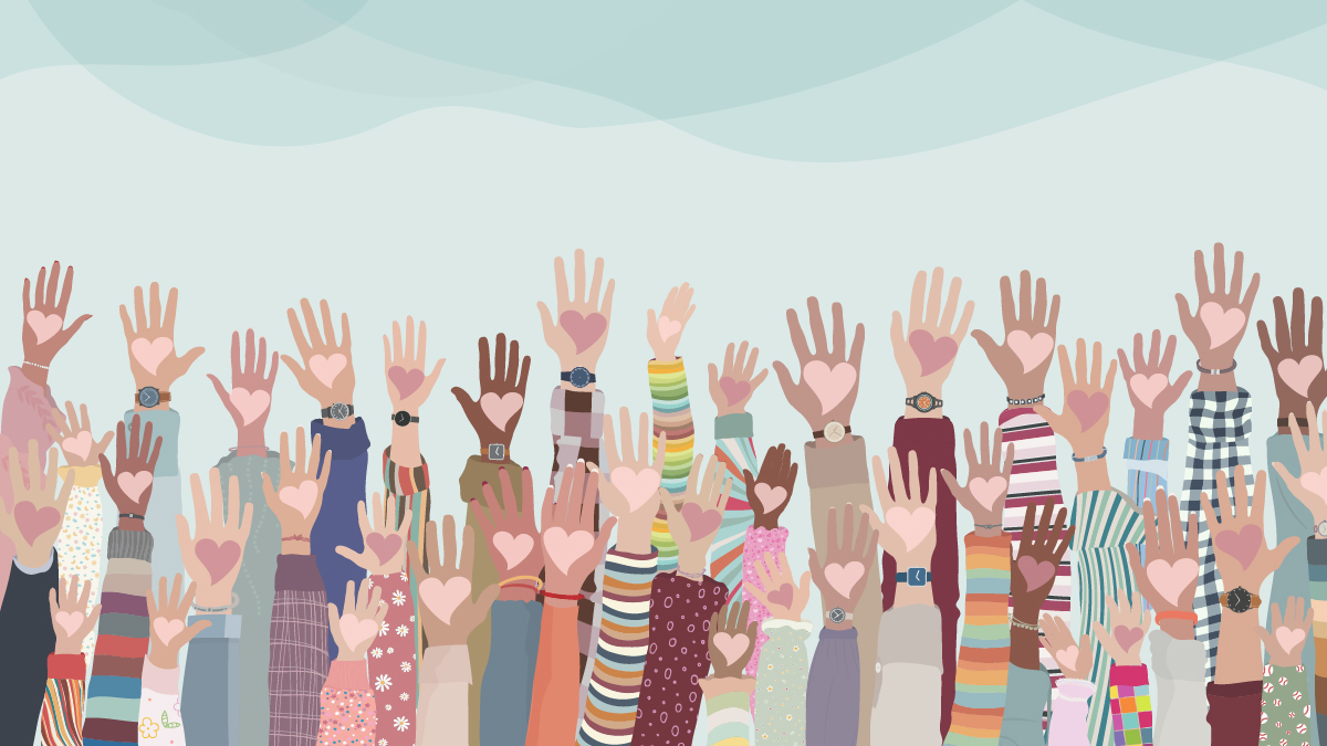 Dozens of human hands raised in the air with hearts superimposed on their palms