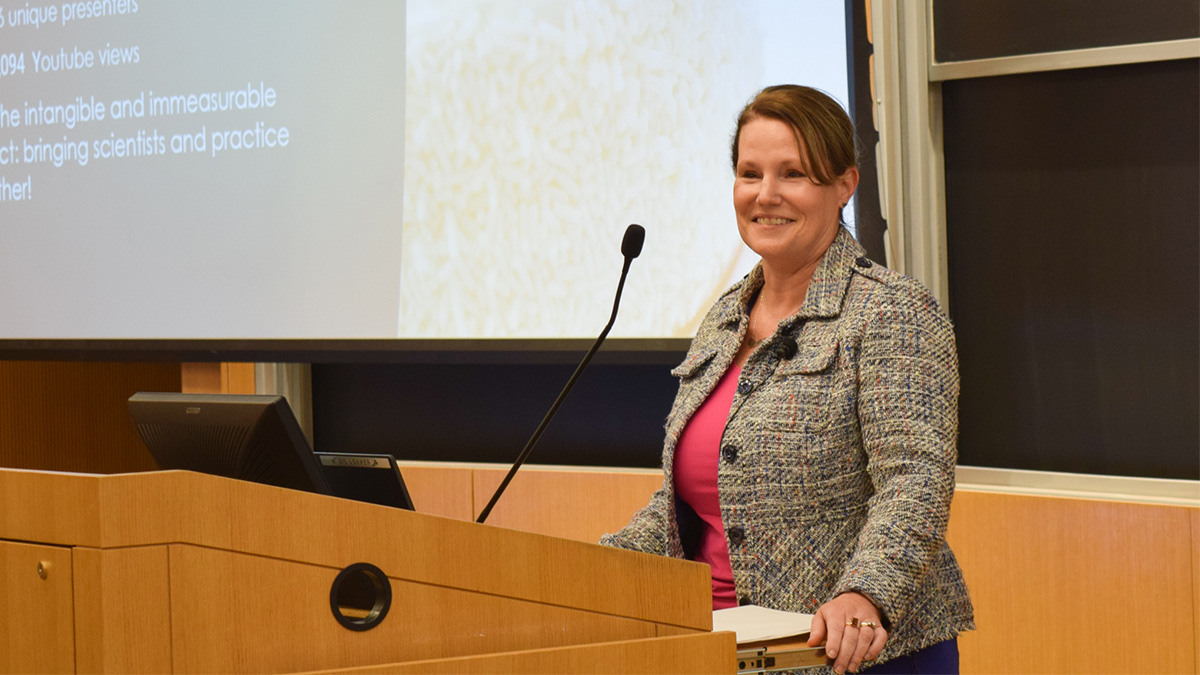 Teresa Harrison, PhD, speaking at the Science of Philanthropy Initiative conference