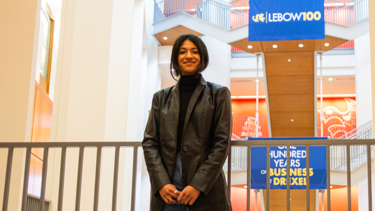 Priya Kuruganti '26 poses in Gerri C. LeBow Hall.