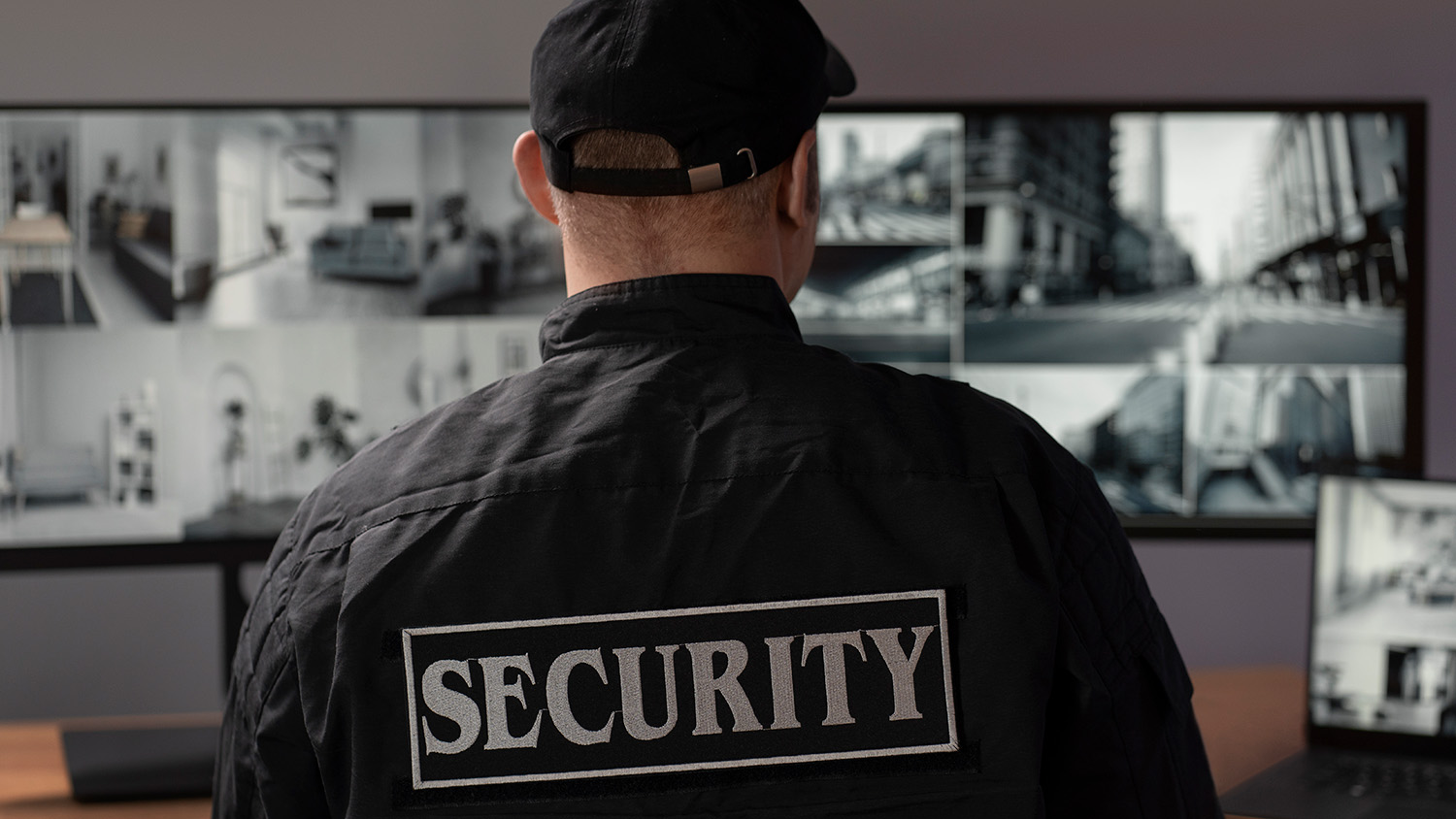 a male security guard watches monitors