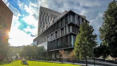 Gerri C. LeBow Hall from Pearlman Plaza Sunset