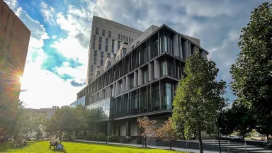 Gerri C. LeBow Hall from Pearlman Plaza Sunset