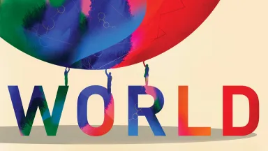 Multicolored figures holding up a multicolored globe standing atop the word 'world' in all capital letters