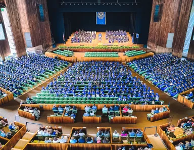 Aerial image at the Mann Center of the LeBow 2023 Commencement