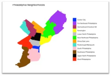 Color-coded map of Philadelphia neighborhoods