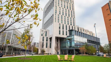 Adirondack chairs grouped together on the lawn in front of LeBow