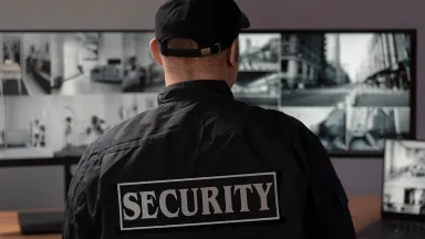 a male security guard watches monitors