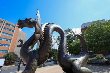 A statue of Mario the Dragon, Drexel University's mascot.