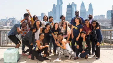 Bridge students on the 7th floor terrace at Drexel's LeBow College of Business