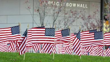 Veteran's Day US Flags in front of Gerri C. LeBow Hall at Drexel LeBow
