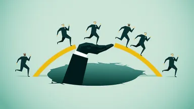 Collaboration crisis Men jumping over hole