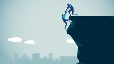 illustration of one person helping another climb a cliff illustration of one person helping another climb a cliff