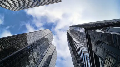 photo of Philadelphia skyscrapers from the ground looking up