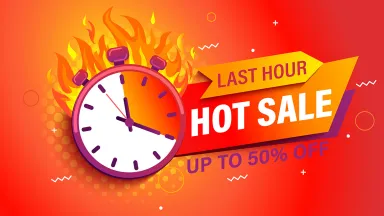 Stopwatch with flames and text reading Last Hour, Hot Sale, Up to 50 Percent Off