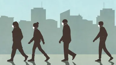 Workers walking while wearing masks illustration
