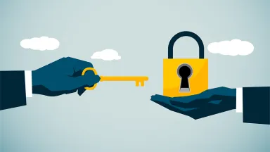 Illustration of one hand with a key unlocking a lock being held by another hand