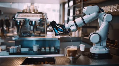 Robot pouring coffee behind the counter of a cafe