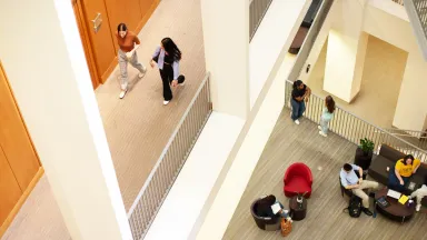 An overhead view of the first and second floors of Gerri C. LeBow Hall