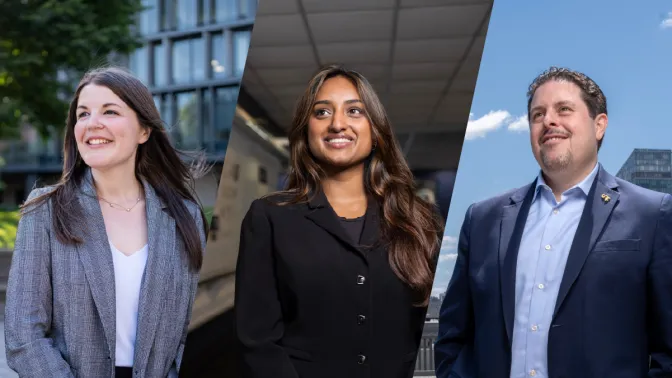 Three individuals in business attire - a young woman with brown hair in a gray blazer, a young woman with brown hair in a black blazer, and a middle-aged man wearing a navy suit and light blue shirt