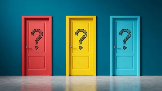 Three doors, red, yellow, and blue, with question marks, against a blue wall.
