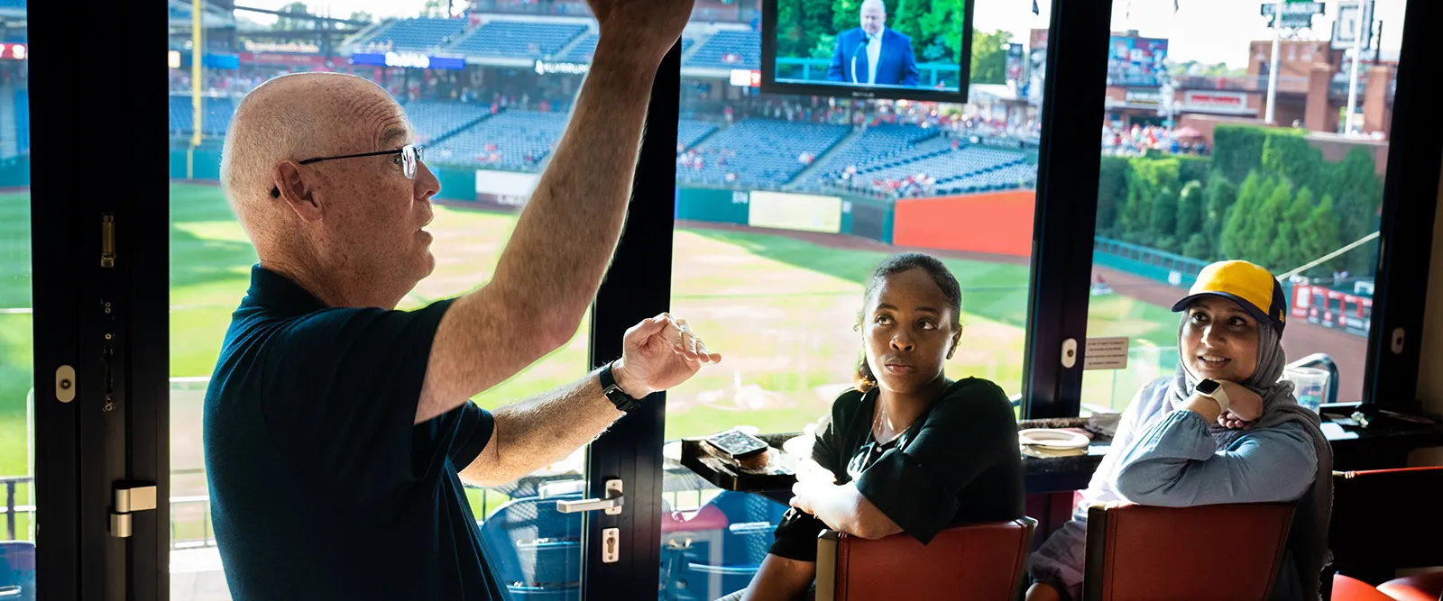 MS in Sport Business students inside the VIP area of the Citizens Bank Park stadium