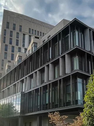 Gerri C. LeBow Hall from Pearlman Plaza Sunset