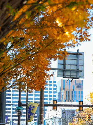Fall leaves and banners on Drexel University's campus in the heart of Philadelphia.